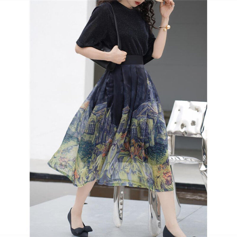 Female Stitching Jacquard Skirt Floral Embroidery Mid-length A-line Skirt Women High Waist Office Lady Chic Elegant Skirts Q586