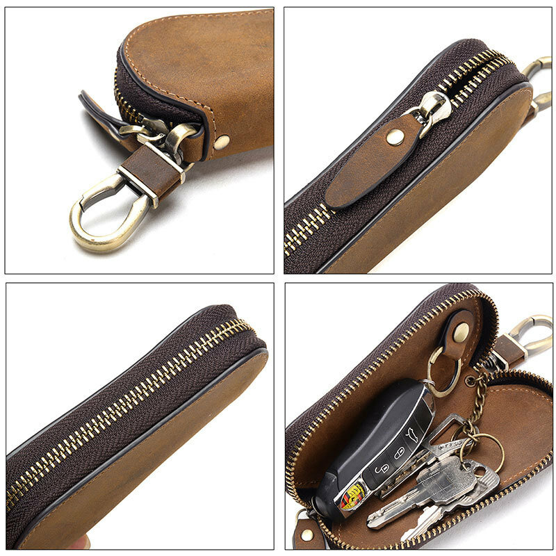حقيبة مفاتيح سيارة من جلد كريزي هورس ريترو ، مريحة متعددة الوظائف ، محفظة بدون خطاف ، حقيبة تخزين ، هدايا المهرجان