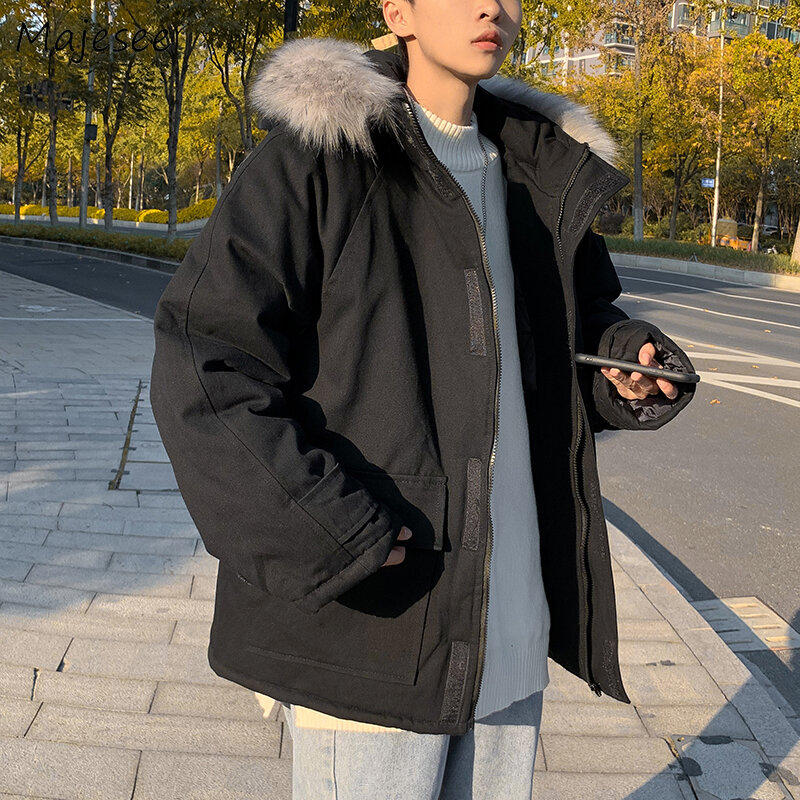 Furred Hat Hooded Parkas Men Thicker Korean Style Fashion Coldproof All-match BF Male Loose Coats Windbreak Warm Pockets Casual