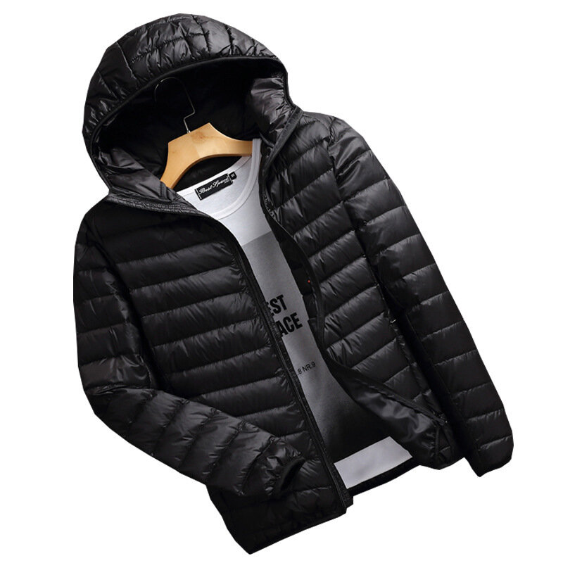 Jaqueta dobrável ultraleve para baixo masculina para todas as temporadas, tamanho grande, impermeável, à prova de vento, respirável, com capuz