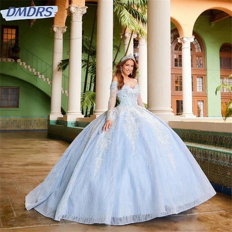 Vestido clássico azul céu claro Quinceanera, doce 16 vestido de baile, apliques de renda fora do ombro, grânulos concurso vestido de princesa, 2024