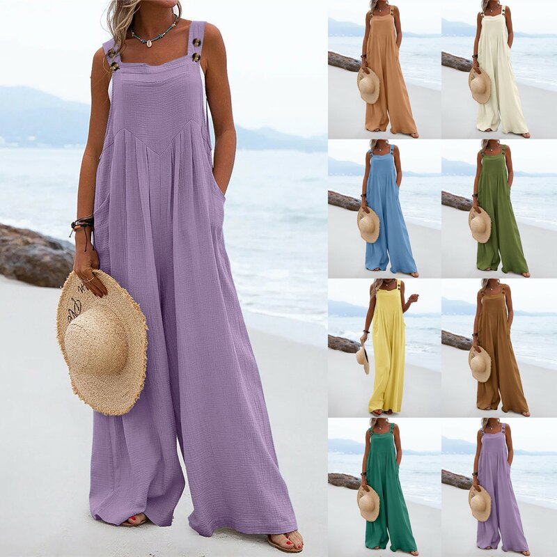 Solid Colors Strap Wide Leg Pockets Jumpsuits Pants Loose Casual Bohemian High Waist Sleeveless Woman Summer Dungarees Overall