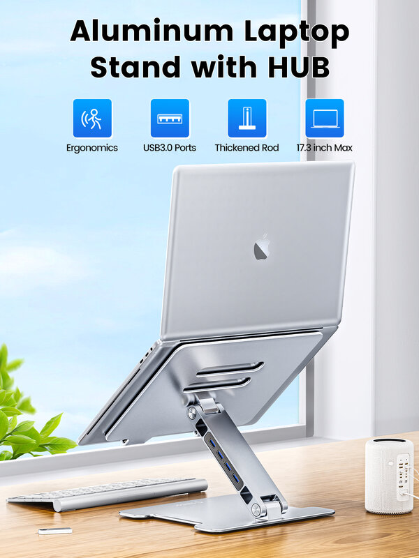 ORICO-Suporte dobrável de alumínio para laptop, 4 portas, USB 3.0, Notebook Riser, Desktop, Cooling Stand, MacBook, Dell