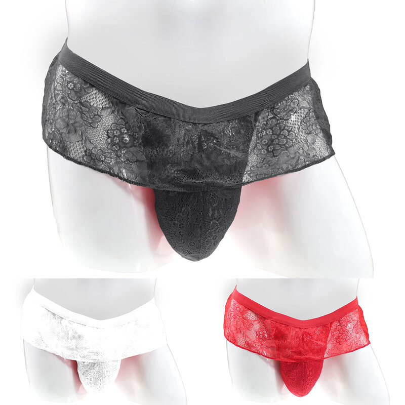 Hot Men Pouch Sissy Panties Transparent Lace Bikini Briefs G-String Thongs Low Rise Underwear Sleepwear Boxer Briefs