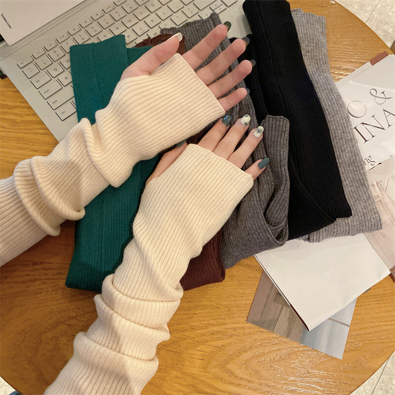 Женские вязаные Утепленные длинные перчатки без пальцев, варежки, зимние однотонные модные повседневные мягкие перчатки Y2K для девочек в стиле панк
