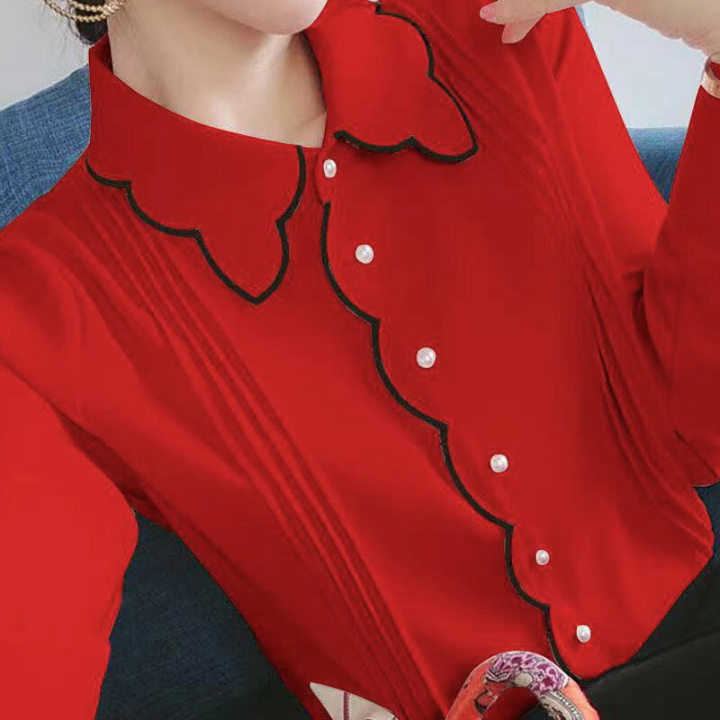 Camisa de gasa para mujer, Top fino de manga larga con cuello tipo Polo, holgado, liso, de una sola botonadura, para oficina, otoño e invierno, novedad