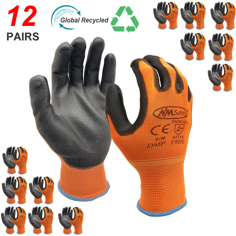 NMSafety sarung tangan kerja 12 pasang, untuk PU lapisan telapak tangan pelindung keselamatan nitril pemasok keamanan profesional