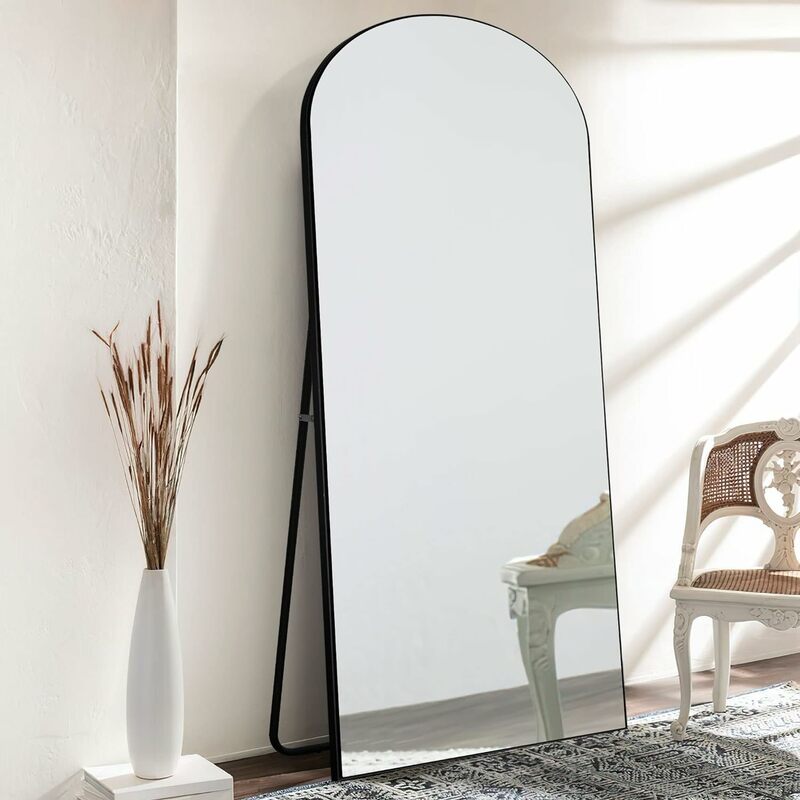아치형 지중해 스타일 나무 전체 길이 거울, 스탠딩 또는 벽걸이 침실 거울, 비산 방지 단단한 나무 거울, 71 "x 28"