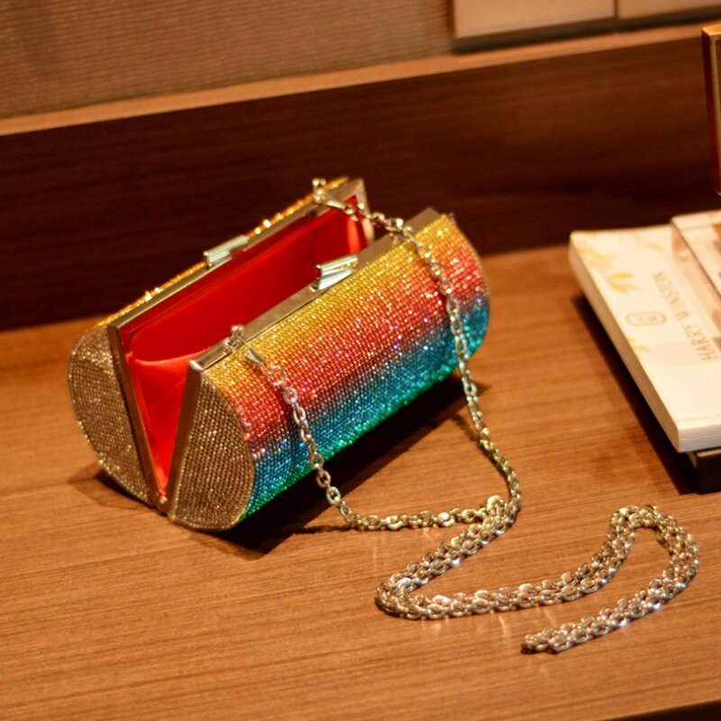 Bolsa de strass arco-íris para mulheres, bolsa de noite luxuosa bolsa de festa embreagem de casamento cilindro de diamante bolsa de ombro