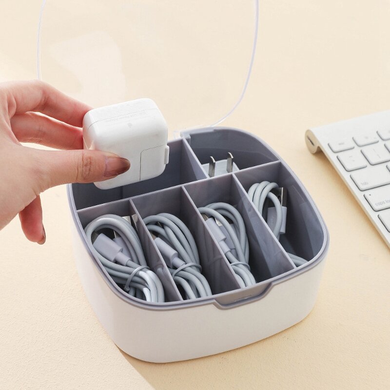 Cable Storage Box Plastic Data Line Portable Organizer Boxes 6 Bay Earphone Cable Office Power Cord Organizer with 6 Wire Ties