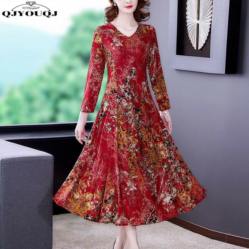 Temperament V-neck Fashion Fragmented Flower Dress for Women Spring and Autumn New Korean Edition Mom Decoration Slim Skirt
