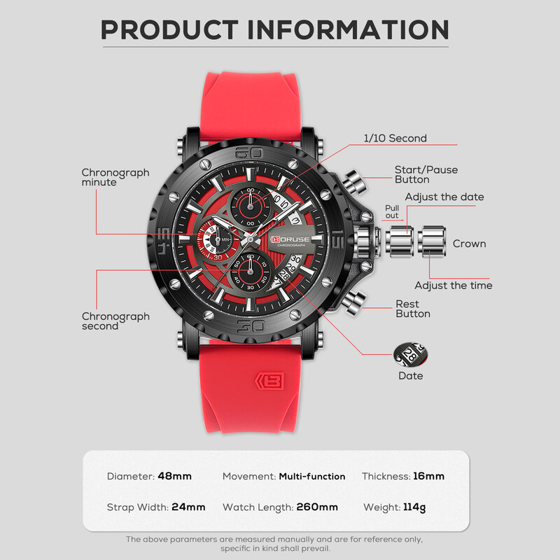 BORUSE 남성용 실리콘 쿼츠 손목시계, 브랜드 레드, 비즈니스 캐주얼 손목시계, 남성 스포츠 방수 시계