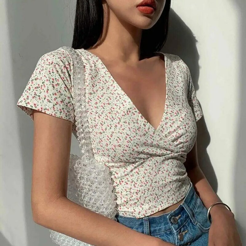 Women Summer Top Women Pullover Top Retro Slim Fit V Neck Short Sleeve Women's Summer Top with Small Flower Print Soft for Lady
