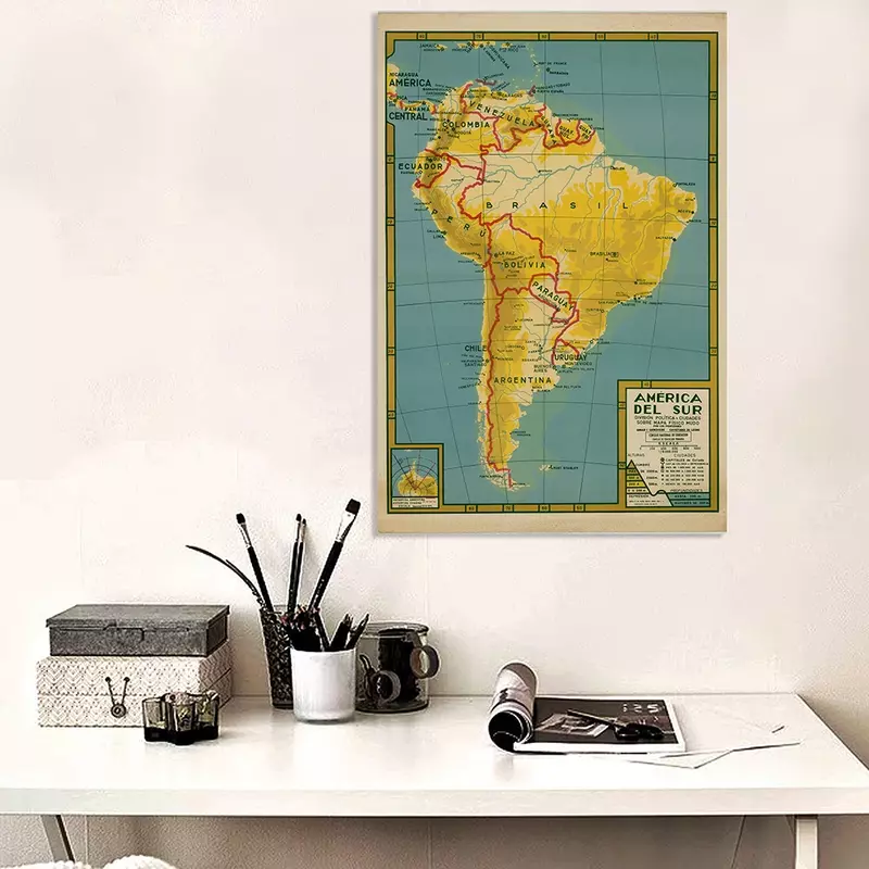 Affiche de peinture sur toile en aérosol Vintage, 100x150cm, carte politique de l'amérique du sud en espagnol, décoration de maison, fournitures scolaires