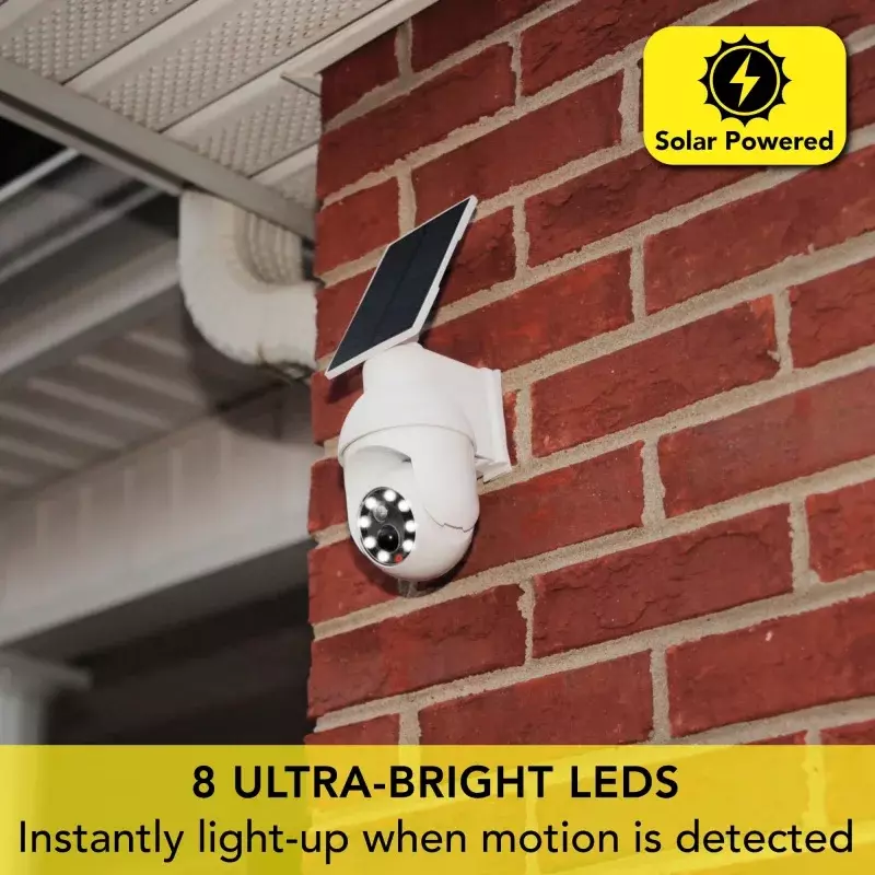 Handliches Brite Solar Security 360 LED-Licht, das wie eine Kamera mit einer Strahl ausbreitung von 120 Grad aussieht.