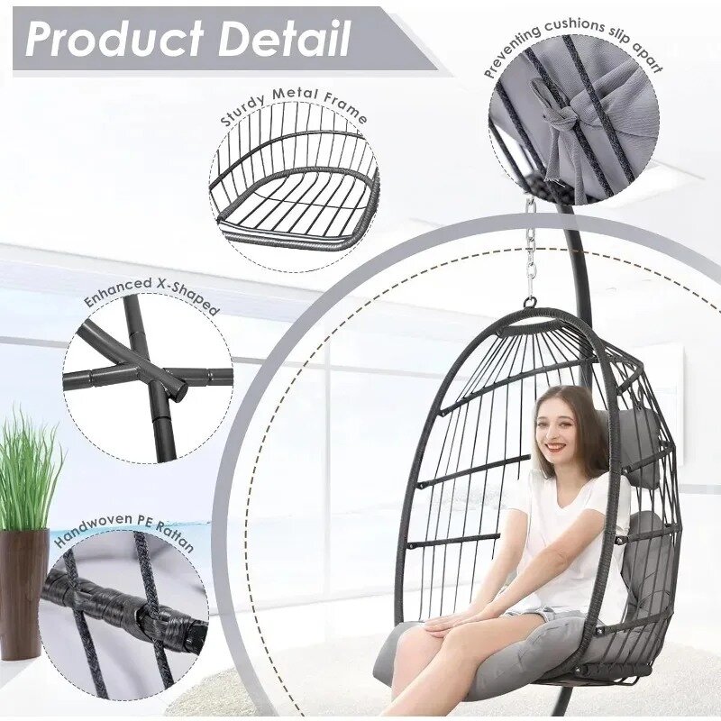 Krzesło hamakowe Patio ze stojakiem, wiklinowe wiszące krzesło jajeczne Hamak huśtawkowy, poduszka ochronna UV, udźwig 350 funtów