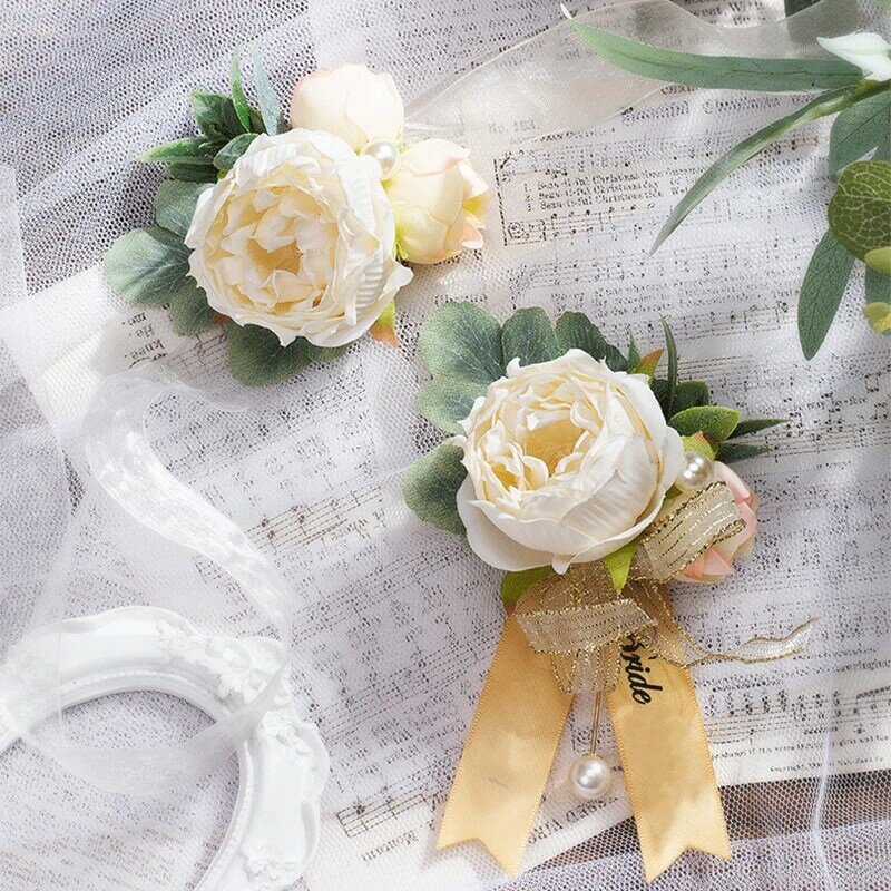 Korsase pergelangan tangan pengiring pengantin wanita bunga buatan tangan sutra buatan tangan gelang Peony pita bunga tangan untuk dekorasi pesta pernikahan