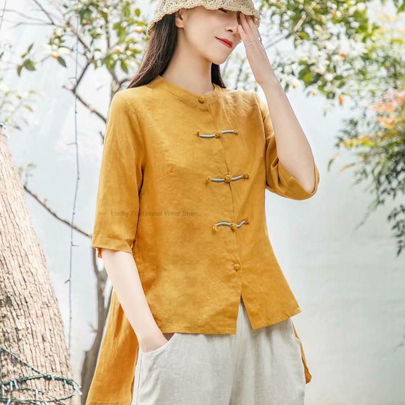 Chiński styl Retro Qipao guziki bawełniane i koszula lniana damskie w chińskim stylu narodowym kobiety w stylu Vintage sweter Top Tangsuits