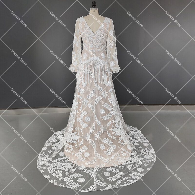 Женское свадебное платье с длинными рукавами, кружевное платье невесты в стиле бохо с длинными рукавами, а-силуэт, V-образным вырезом и кисточками, Пляжное скромное свадебное платье