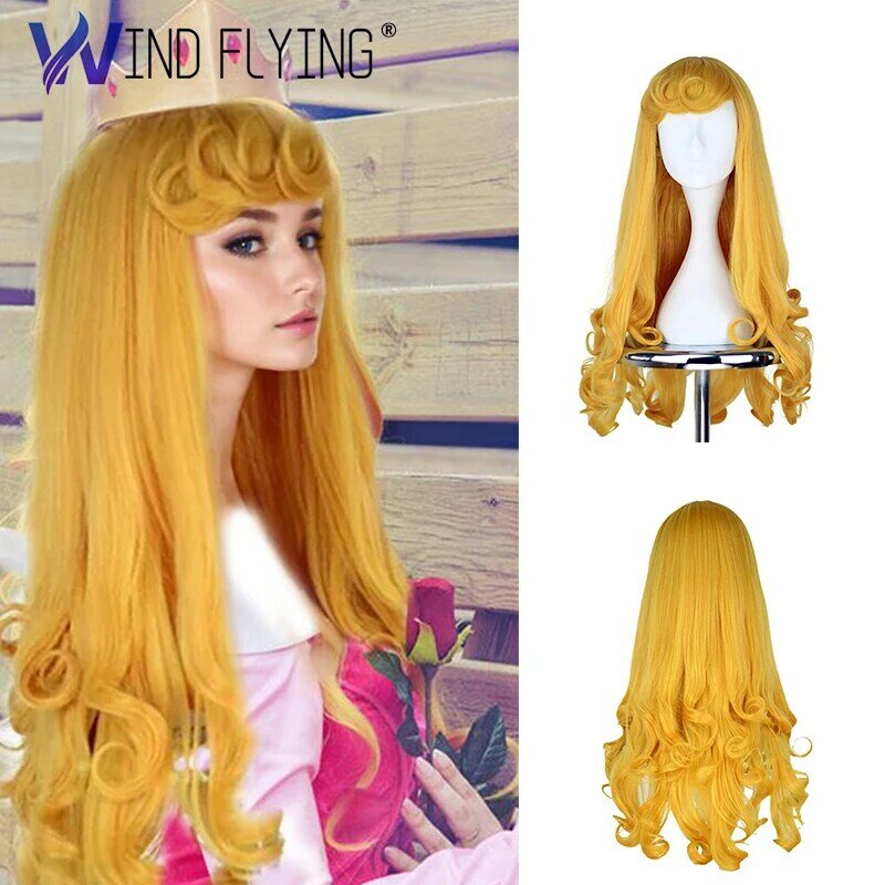 Anime Sleeping Beauties Princess Wig Women Long Yellow Hair Cosplay Costume Halloween Party Wigs Long Curly Hair