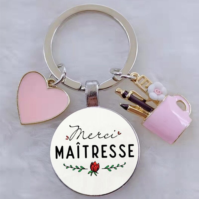 Merci Maitresse ภาษาฝรั่งเศสคำตัวอักษรวันครูของขวัญพวงกุญแจ,เคลือบผู้ถือปากกาจี้ DIY พวงกุญแจของขวัญ