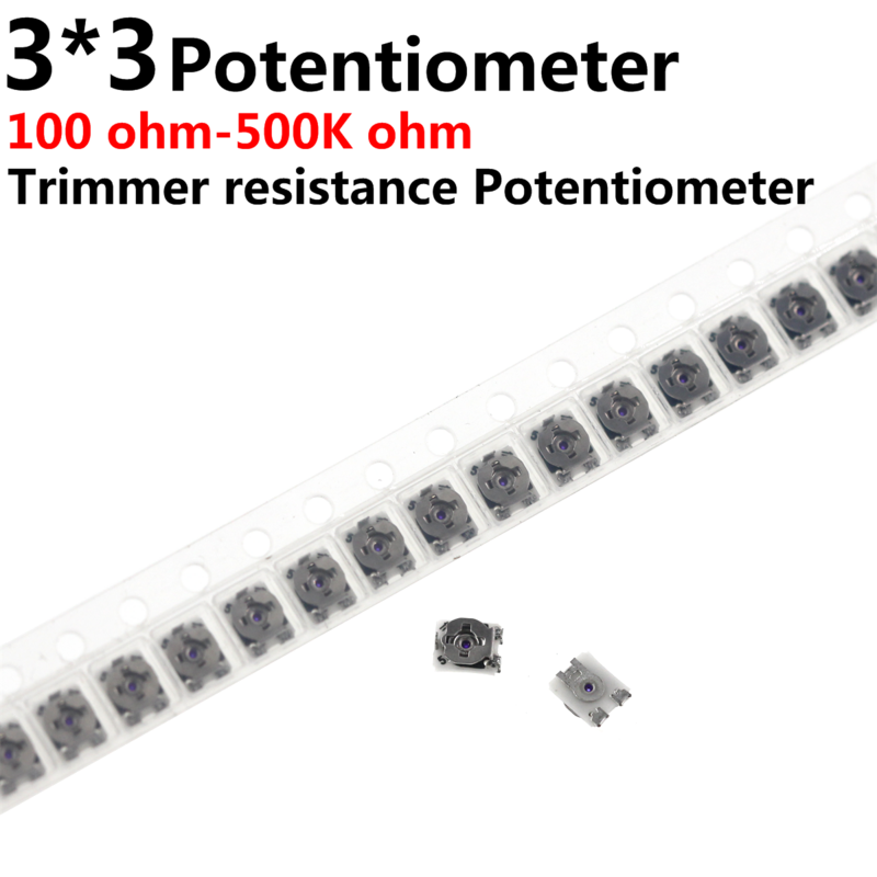 Resistência Ajustável Aparador Potenciômetro Trimpot, Resistor Variável, SMD, 100, 500, 1K, 2K, 5K, 10K, 20K, 50K, 100K, 1M, oh, 3x3, 100 PCes