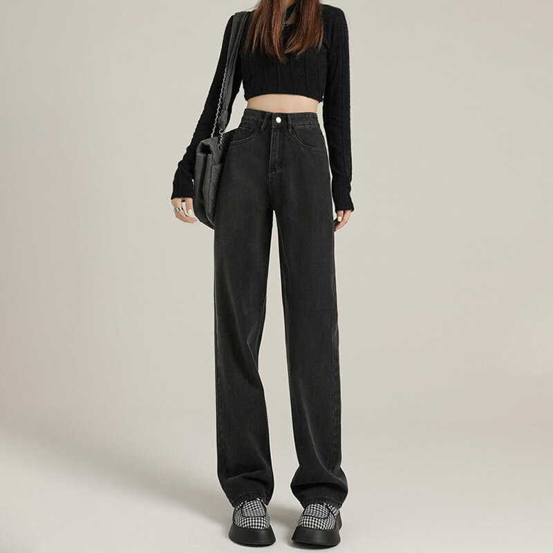 Jeans folgado feminino de cintura alta reta, moda streetwear estilo coreano, vintage casual, simples, para estudantes, primavera