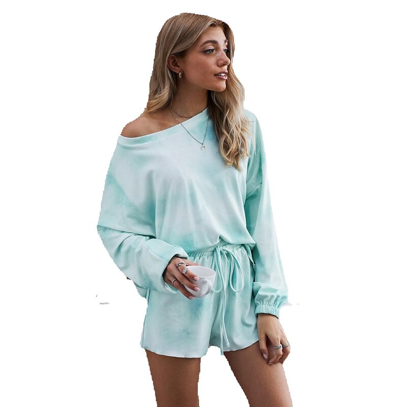 2023 New Women's Home Suit Two Piece Summer Long Sleeve Tie Dyed Shorts Pajamas 45064