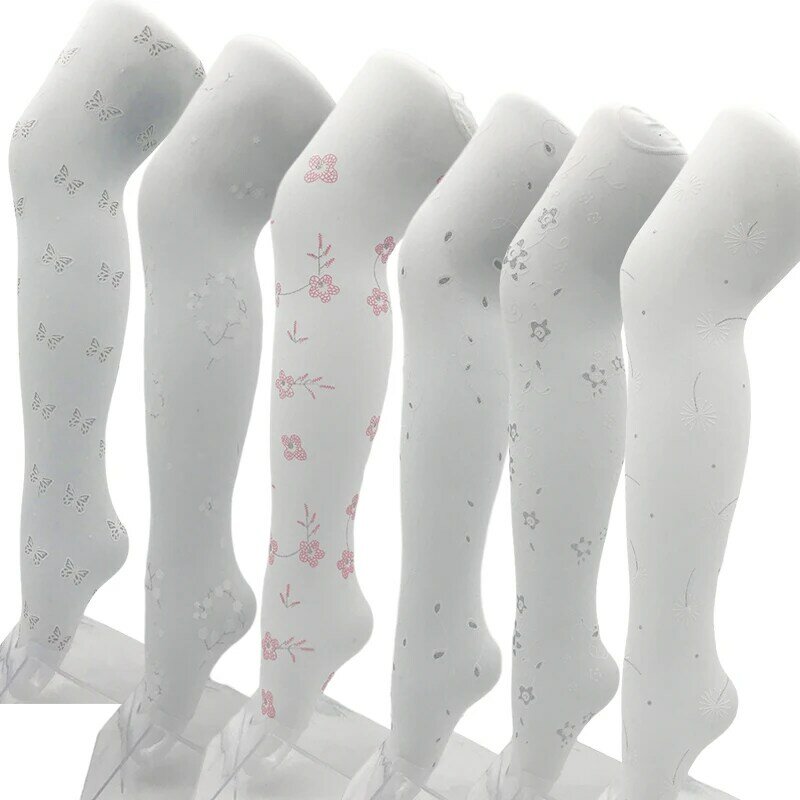 불투명한 흰색 나일론 프린트 꽃 나비 벨벳 신축성 타이츠, 어린이 웨딩 화이트 그래픽 타이츠, 용수철 가을 80D