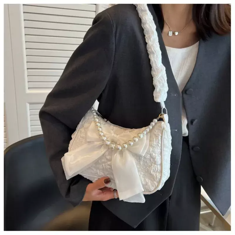 Женская сумка с жемчугом, роскошная дизайнерская сумочка в стиле ретро, сумки через плечо с бантом, модная холщовая женская сумка, новинка 2024, трендовая женская сумка на плечо, кошелек