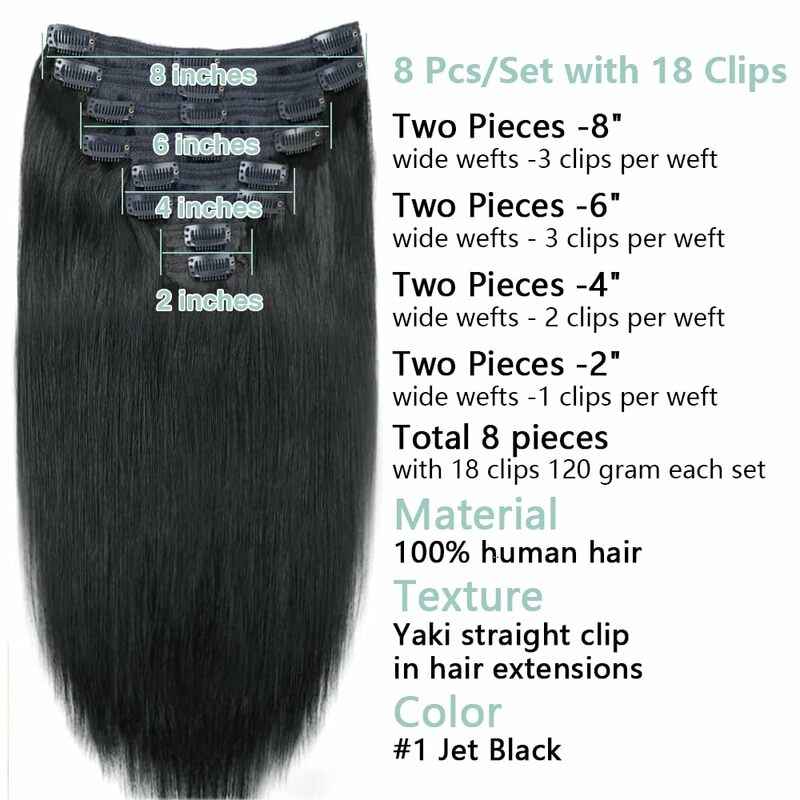 Extensiones de Cabello con Clip recto para mujer, cabello humano 120 virgen brasileño Remy, Color negro Natural, 8 piezas, 100% g por juego