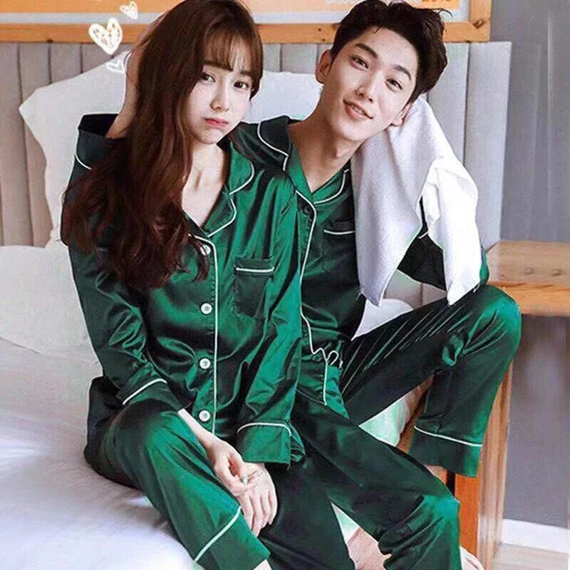 New Spring Big Size Pajamas Set for Couple Long-sleeved Pijama Two Piece Sleepwear Men Plus Size Loungewear Satin Home Clothes