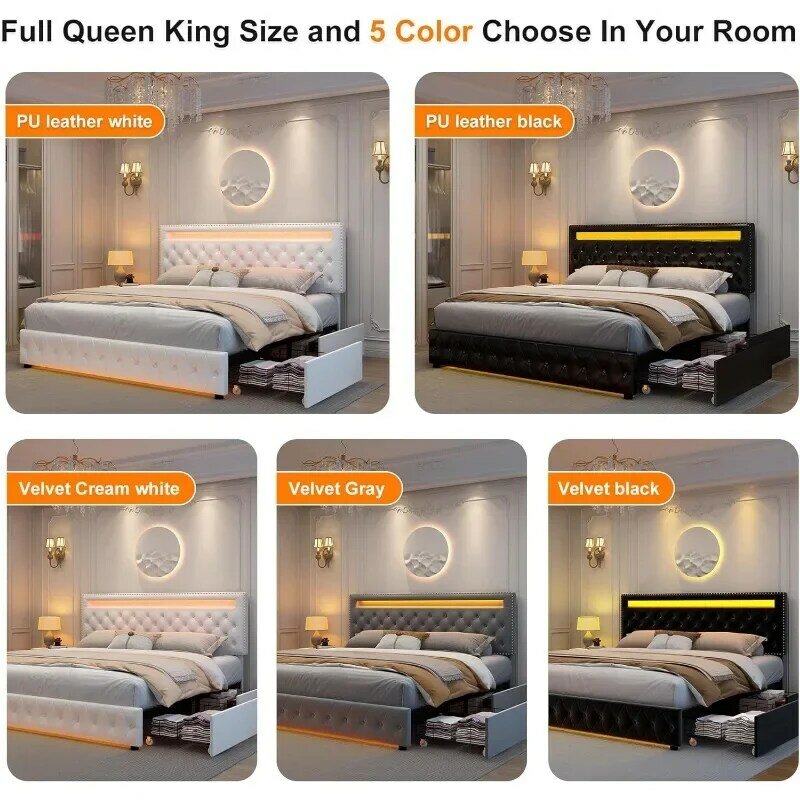 Queen Led Bed Frame Met 4 Opbergladen, Met Slimme Bediening Rgbw Led Lampjes Hoofdeinde Voetenplank, Controle Diy Kleur