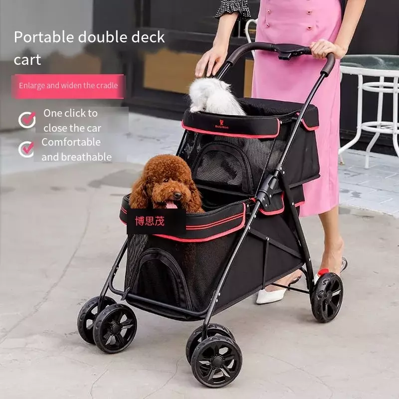 Enlarged Widened Pet Double-layer Stroller for Walking Dogs Stroller Foldable Lightweight for Medium-sized Cats and Dogs