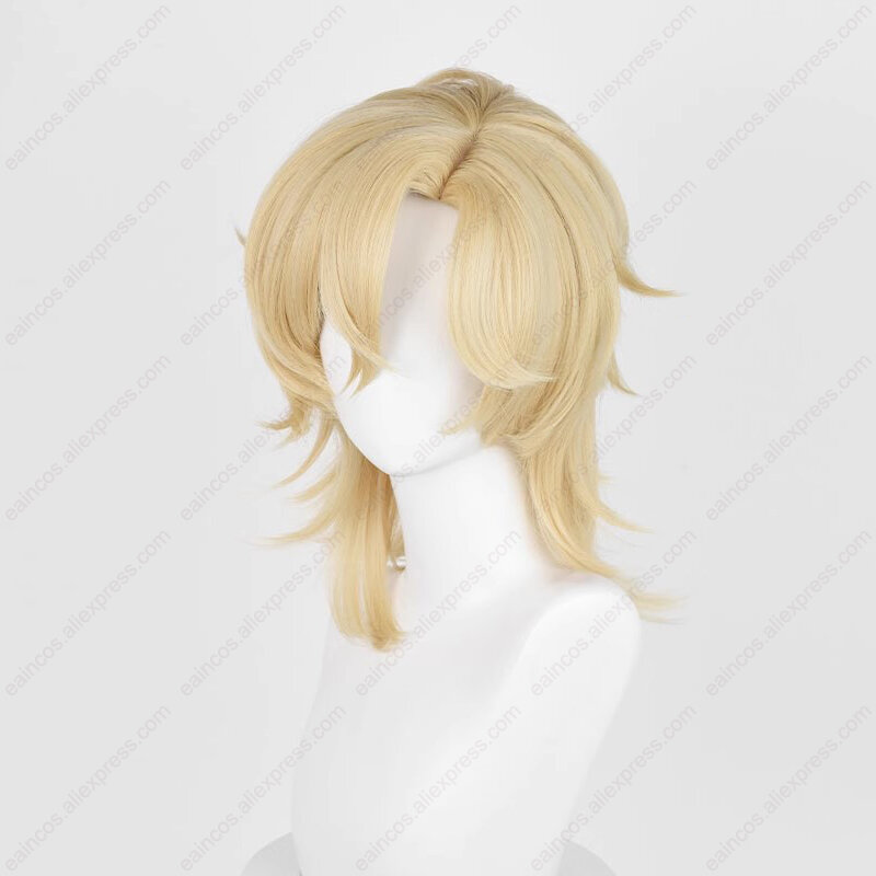 HSR Aventurine Wig Cosplay 40cm, Wig Anime sintetis tahan panas rambut emas terang