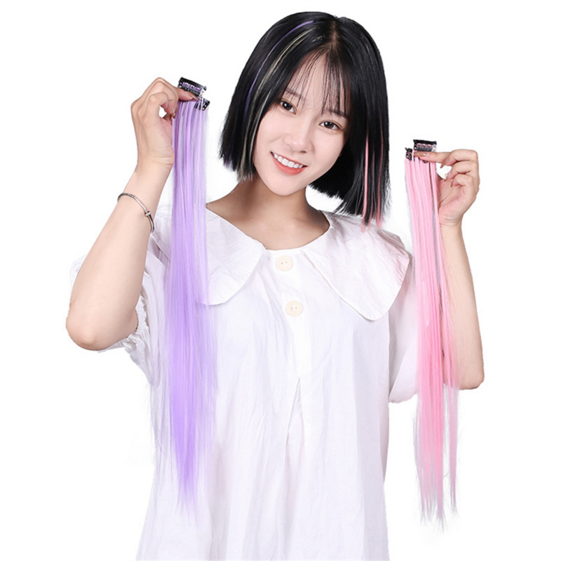 10Pc Rainbow Girl Highlighted Hair Extension Hairpin Long Straight Hair Clip Trimmable for Hair False Hair Red 3.2x55cm