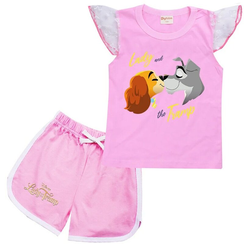 Disney Lady e o Vagabundo desenhos animados para bebês meninos e meninas, roupas de verão, camiseta e shorts, conjuntos casuais