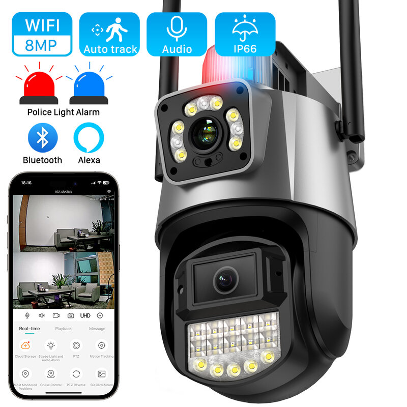 Câmera de vigilância de segurança impermeável ao ar livre, lente dupla, tela dupla, rastreamento automático, alarme leve policial, PTZ, Wi-Fi, 8MP, 4K IP