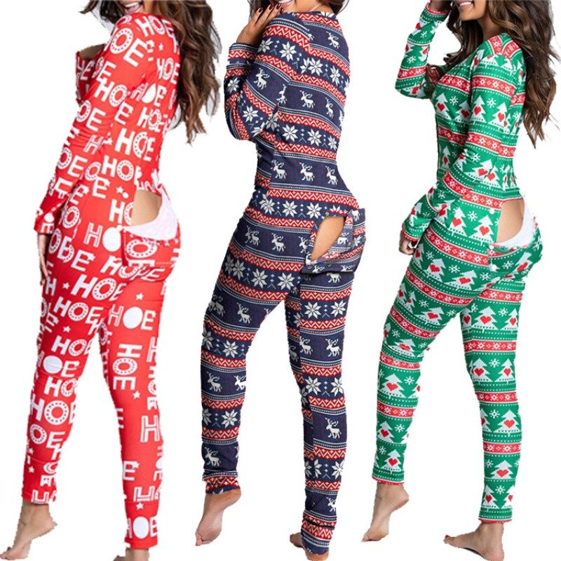 Sexy Pyjama Jumpsuit Voor Dames Pak Met Knoop Naar Beneden Voor De Achterkant Butt Bum Open Kont Flap Jumpsuit Loungewear Kerstprint Dichtgeknoopt Nieuw