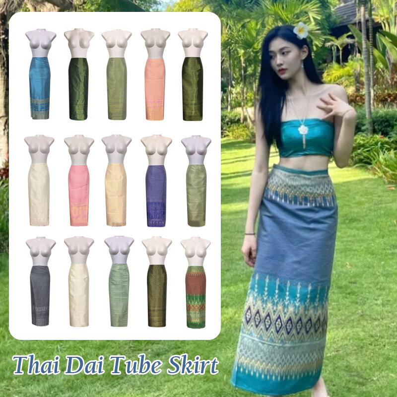 Rok Maxi panjang wanita, gambar Bohemian wanita, solid pinggang elastis rok panjang Thai tradisional rok panjang foto kinerja tari sarung Formal