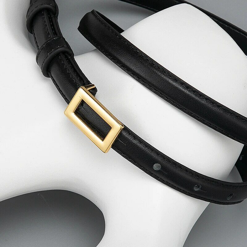 Nicho japonés simple cinturón delgado de cuero genuino para mujer, hebilla de metal cuadrada, adecuado para jeans, ropa de trabajo, cinturón ajustable