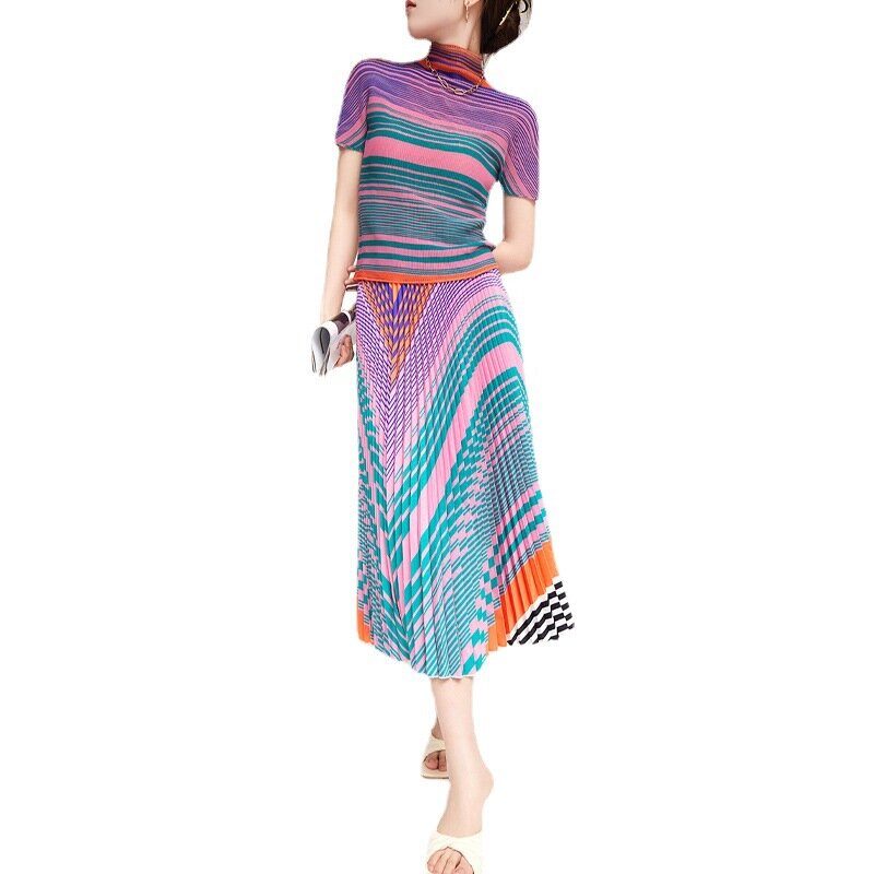 Miyake Pleated Women's Simple Printing O-Neck Slim Fit Striped T-shirt Short Sleeve Slim Midi Pleated Skirt Two Piece Set