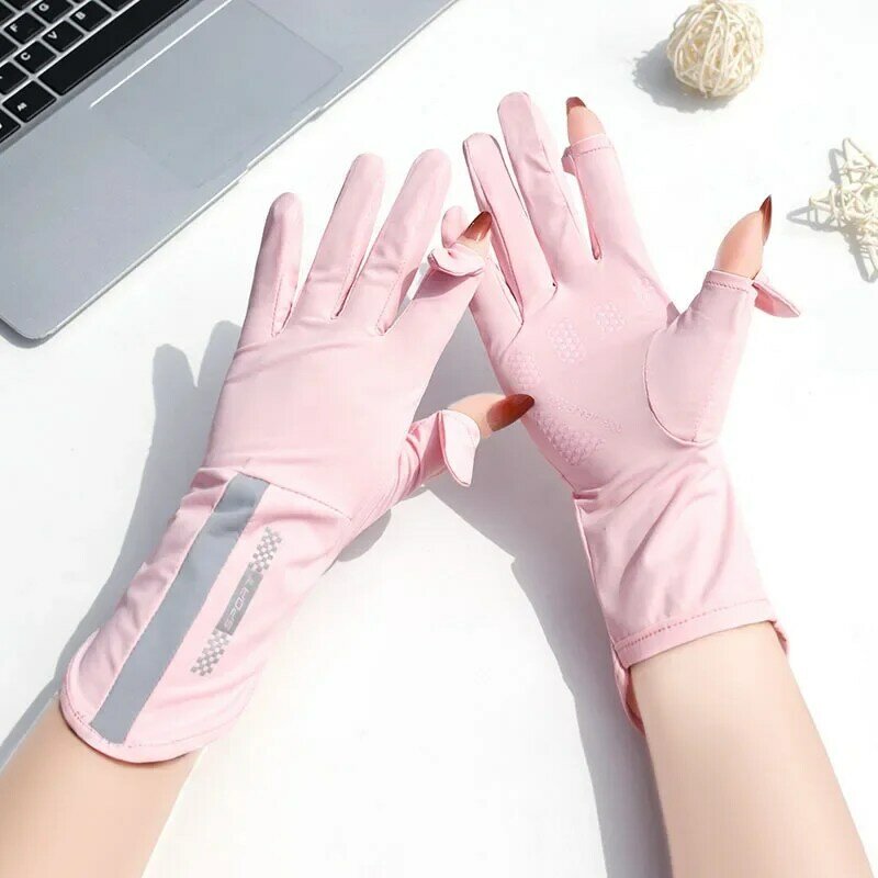 Sarung tangan tabir surya musim panas wanita, sarung tangan sutra es tipis Anti-ultraviolet layar sentuh jari embun berkendara Anti selip bernapas