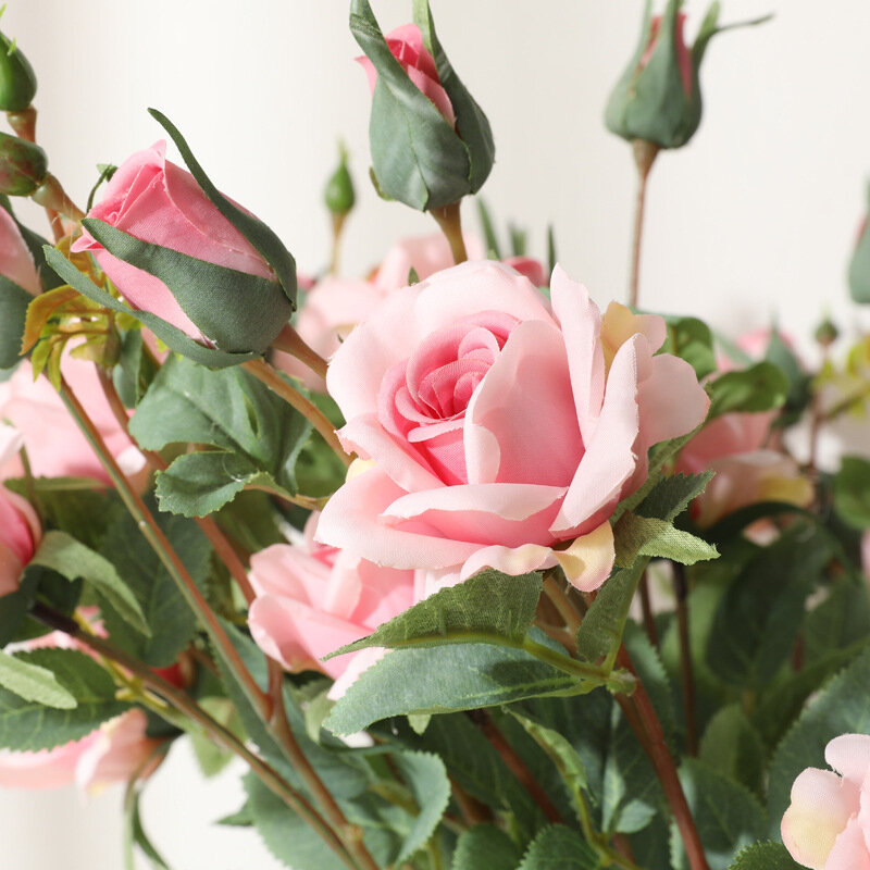 YO CHO 4 สาขา Long Stem ประดิษฐ์ดอกไม้ผ้าไหมกุหลาบสาขาสีขาวสีชมพูงานแต่งงานตกแต่งปลอมขนาดเล็ก Rose ดอกไม้