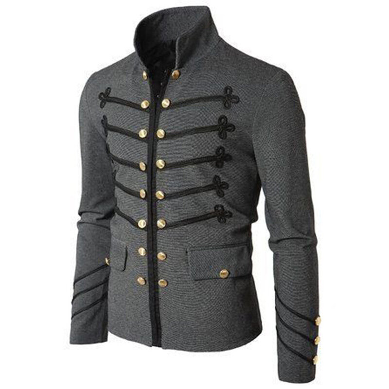 Jaket kardigan Steampunk pria, jaket kardigan gaya Rock Gotik, pakaian luar musim gugur, mantel atasan bordir, kancing, warna Solid