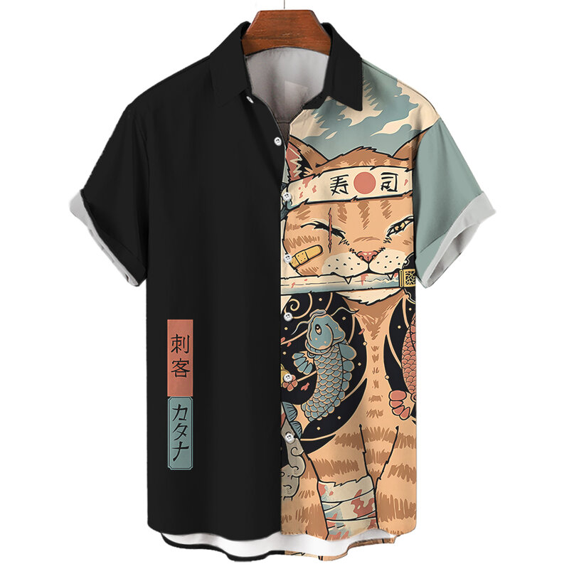 เสื้อผู้ชายลายกราฟิกแมวญี่ปุ่นเสื้อฮาวายแขนสั้นปกกระดุมเสื้อแฟชั่นสำหรับผู้ชายฤดูร้อน