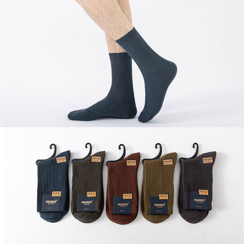 ถุงเท้าผ้าฝ้ายแท้คุณภาพสูงของผู้ชาย5คู่ลำลองธุรกิจกำจัดกลิ่นดูดซับเหงื่อระบายอากาศได้สีดำสีขาว