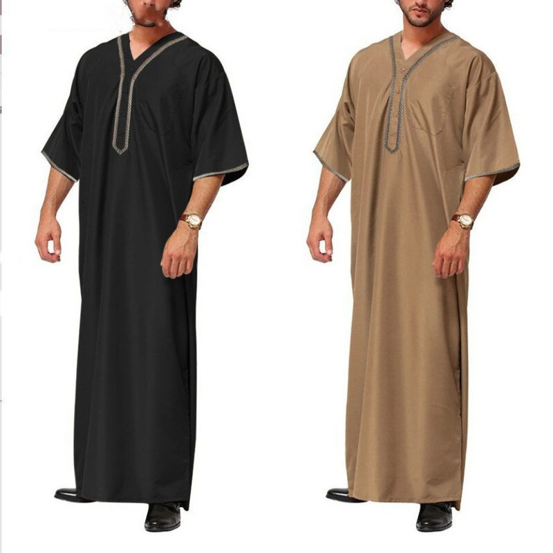 2023 Islamic Arabic Robe Men Half Sleeve Solid Color V Neck Muslim Clothes Vintage Casual Middle East Dubai Male Jubba Thobe