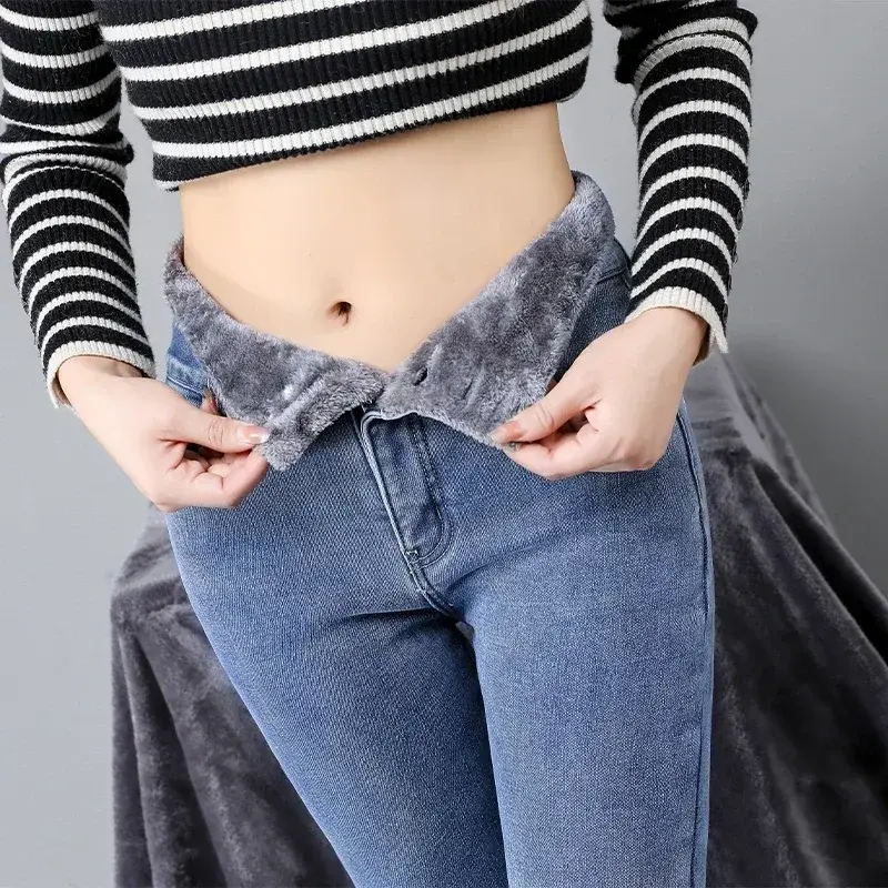 Женские облегающие джинсы ZOENOVA, зимние плотные бархатные джинсы с высокой талией, простые флисовые теплые облегающие эластичные брюки-карандаш