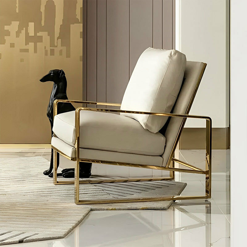 Modern Minimalist Single Sofa Light Luxury Stainless Steel Armrest Lounge Chair Living Room Fabric Leather Three-person Seat